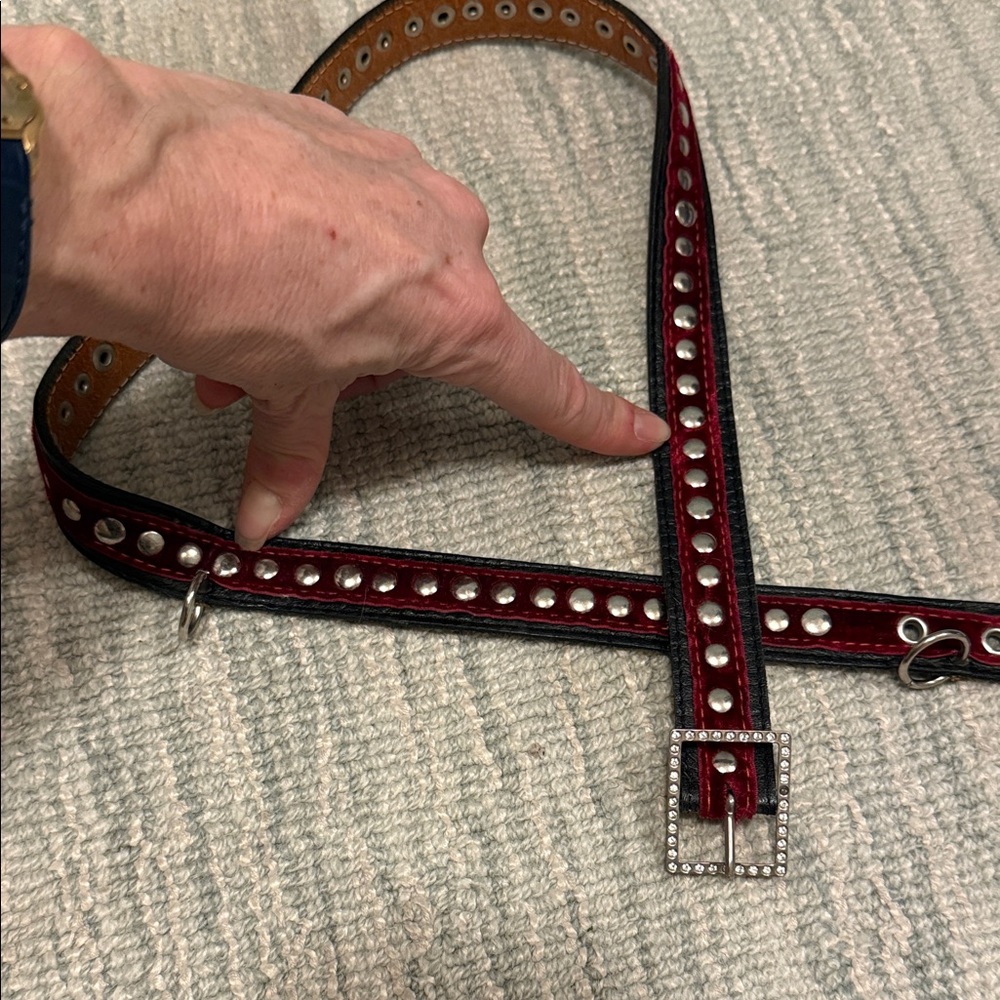 Jocelyn black leather, red velvet, silver Studded Belt.